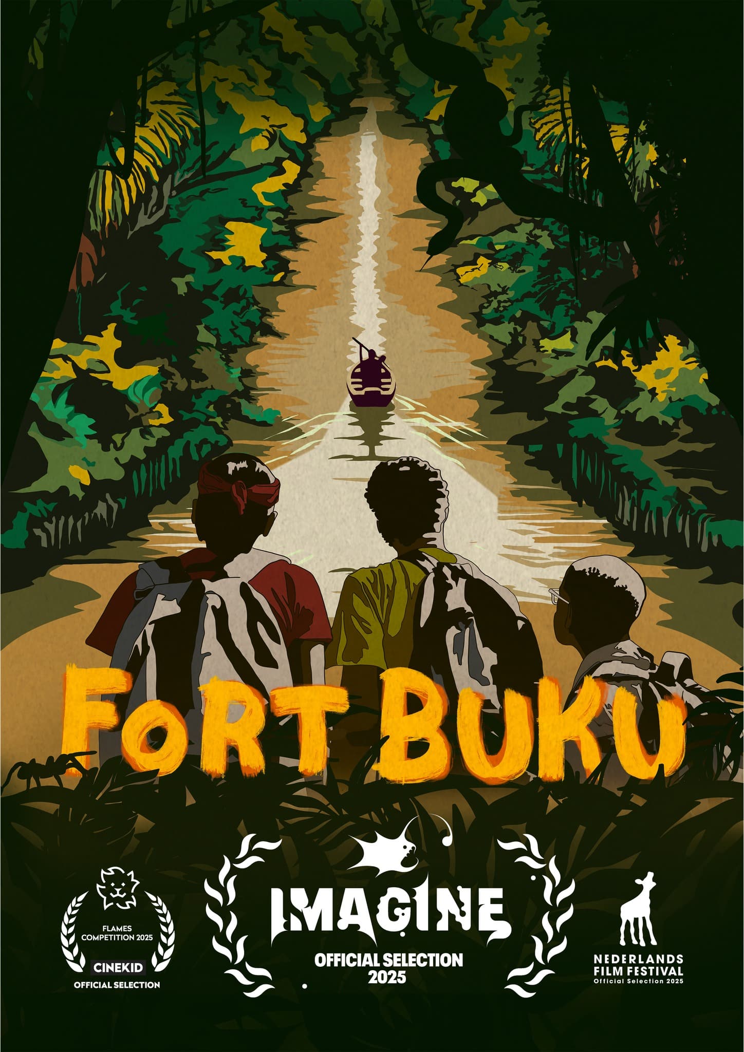 Fort Buku Festivals Filmposter Fort Buku. Drie jongeren met schooltassen op hun rug kijken een korjaal na dat vaart in de verte.